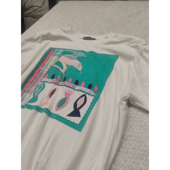 Art to Wear Tops - Vintage Haber Women's M Short Sleeve Art to Wear Fish Nautical Graphic Top Jesus